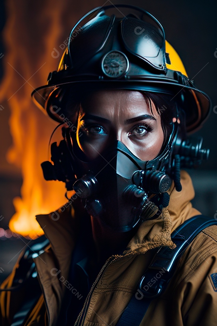 Mulher bombeira sobre fundo desfocado.