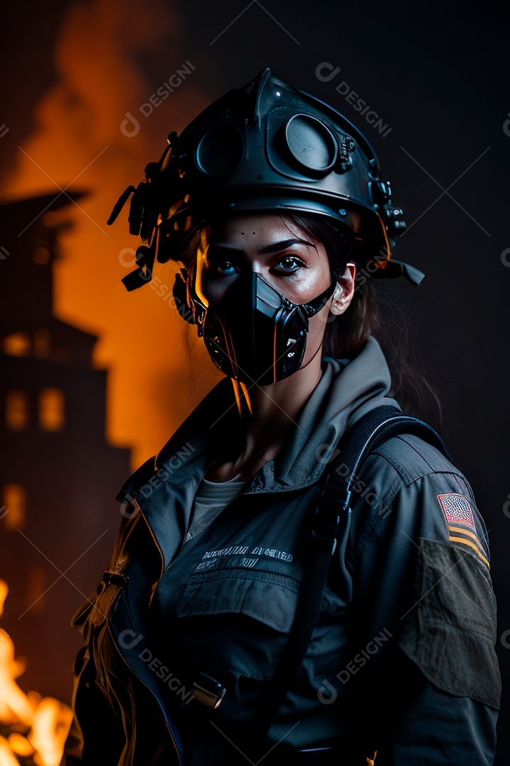 Mulher bombeira sobre fundo desfocado.