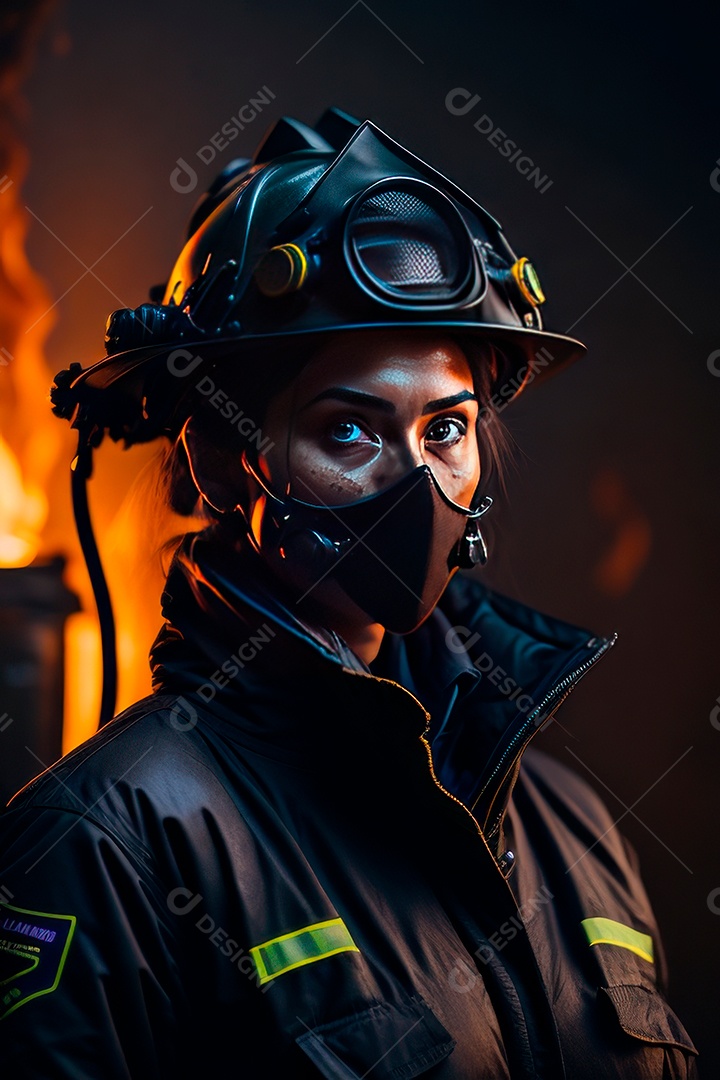 Mulher bombeira sobre fundo desfocado.