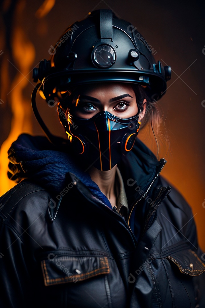 Mulher bombeira sobre fundo desfocado.