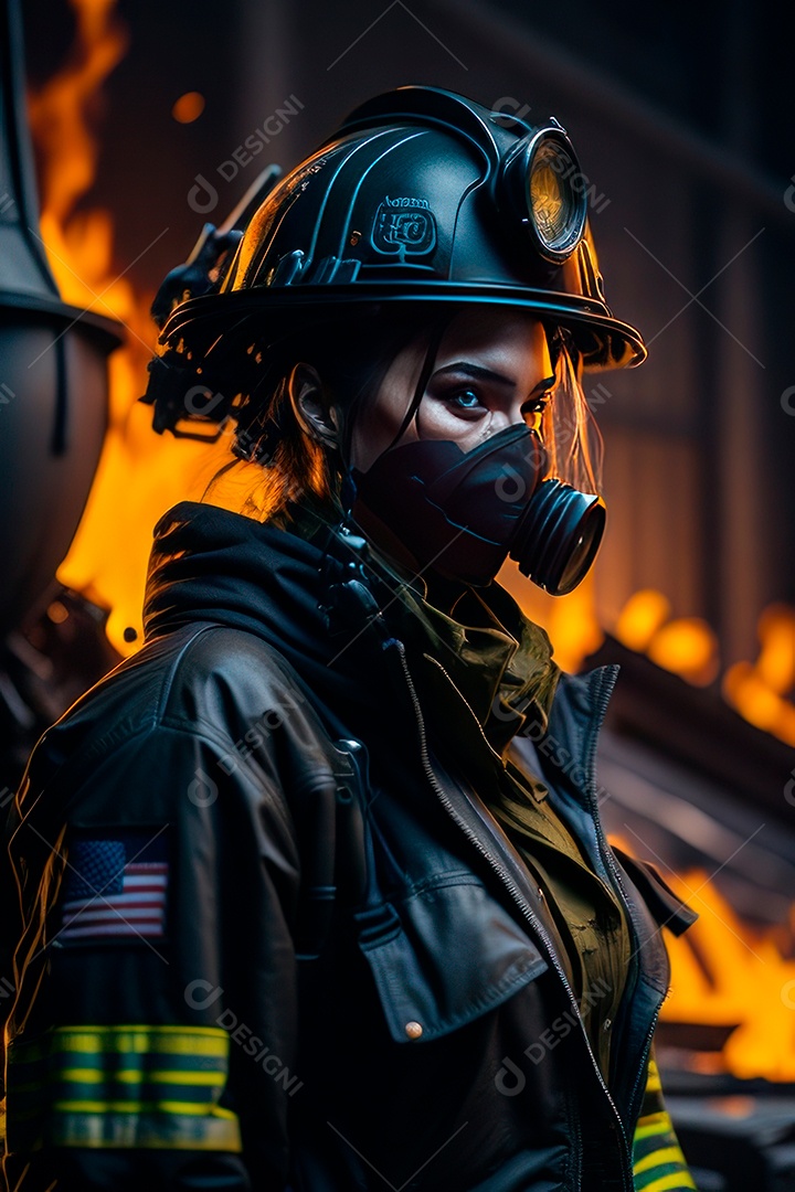 Mulher bombeira sobre fundo desfocado.