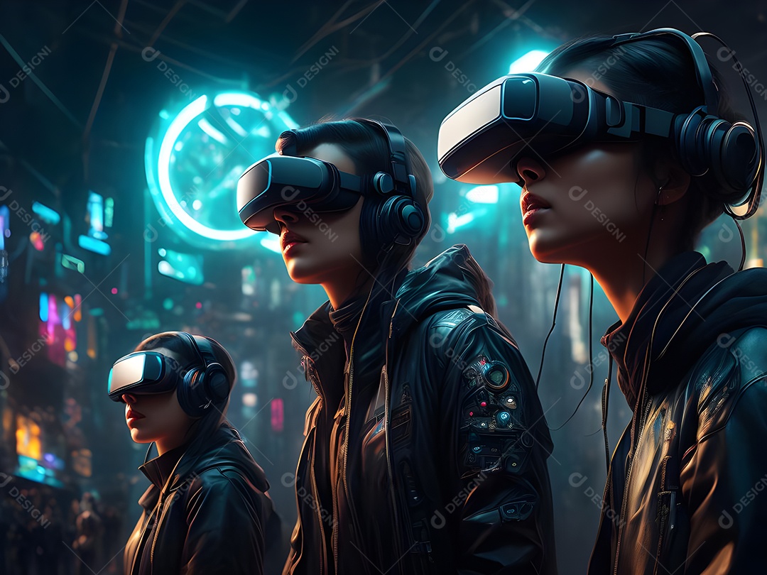 As pessoas da Futurista Exploração usam tecnologia de óculos VR