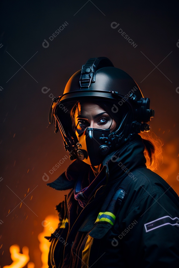 Mulher bombeira sobre fundo desfocado.