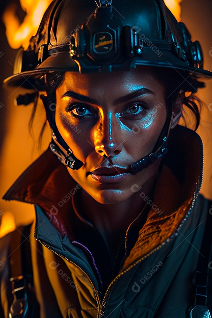 Firefighter woman on blurred background