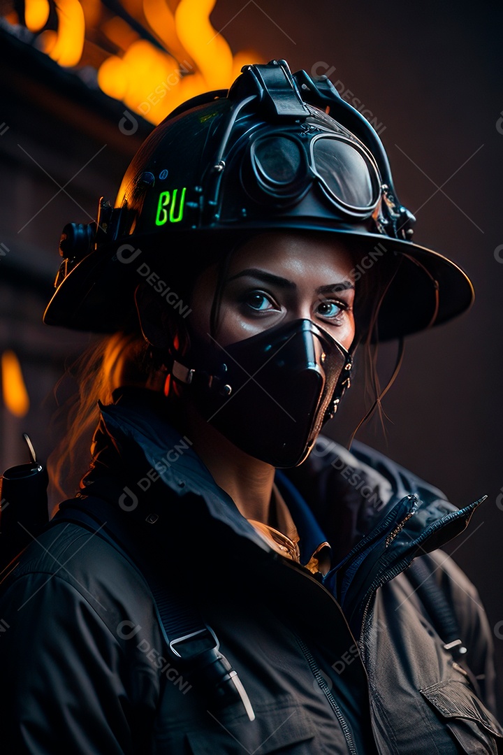 Mulher bombeira sobre fundo desfocado.