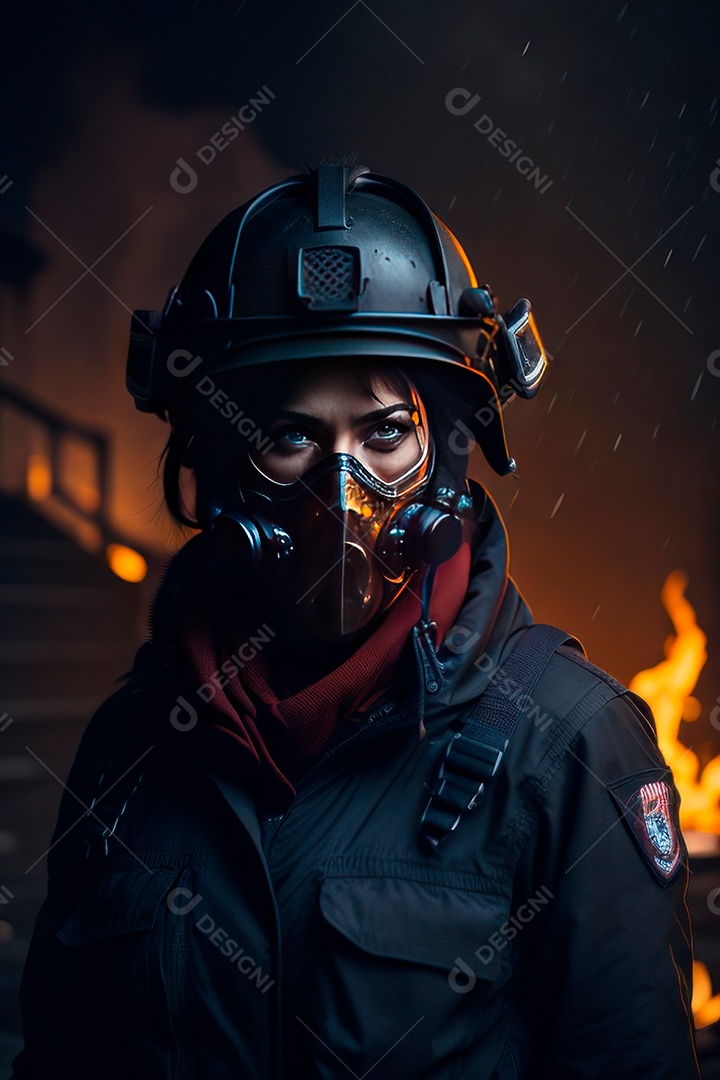 Mulher bombeira sobre fundo desfocado.