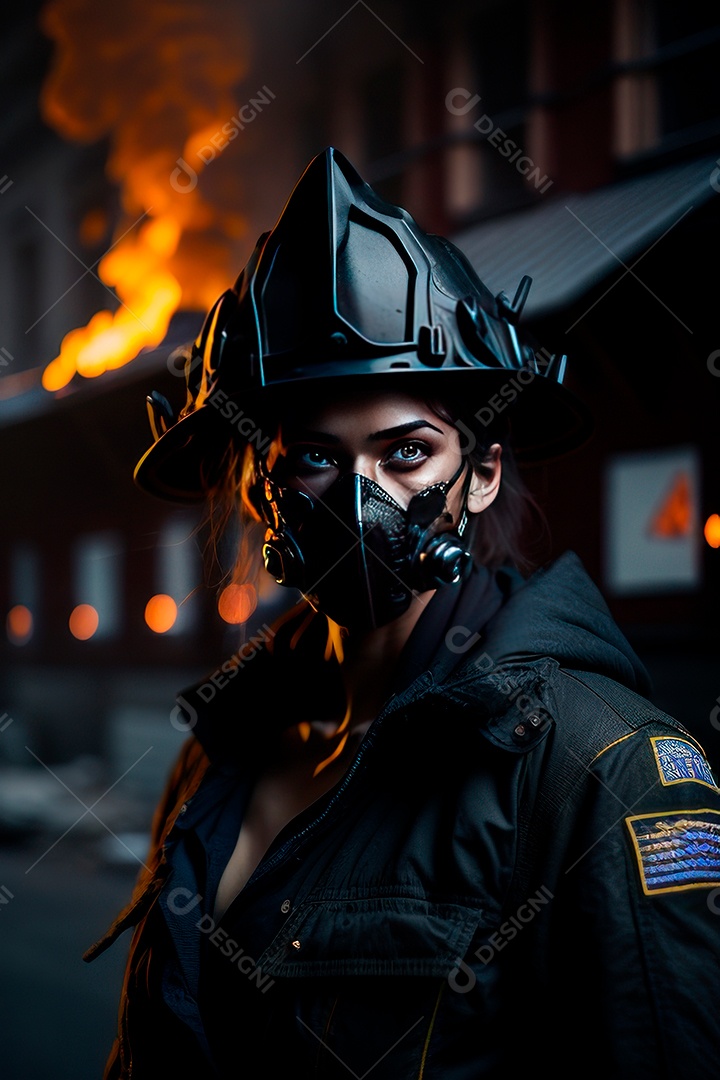 Mulher bombeira sobre fundo desfocado.