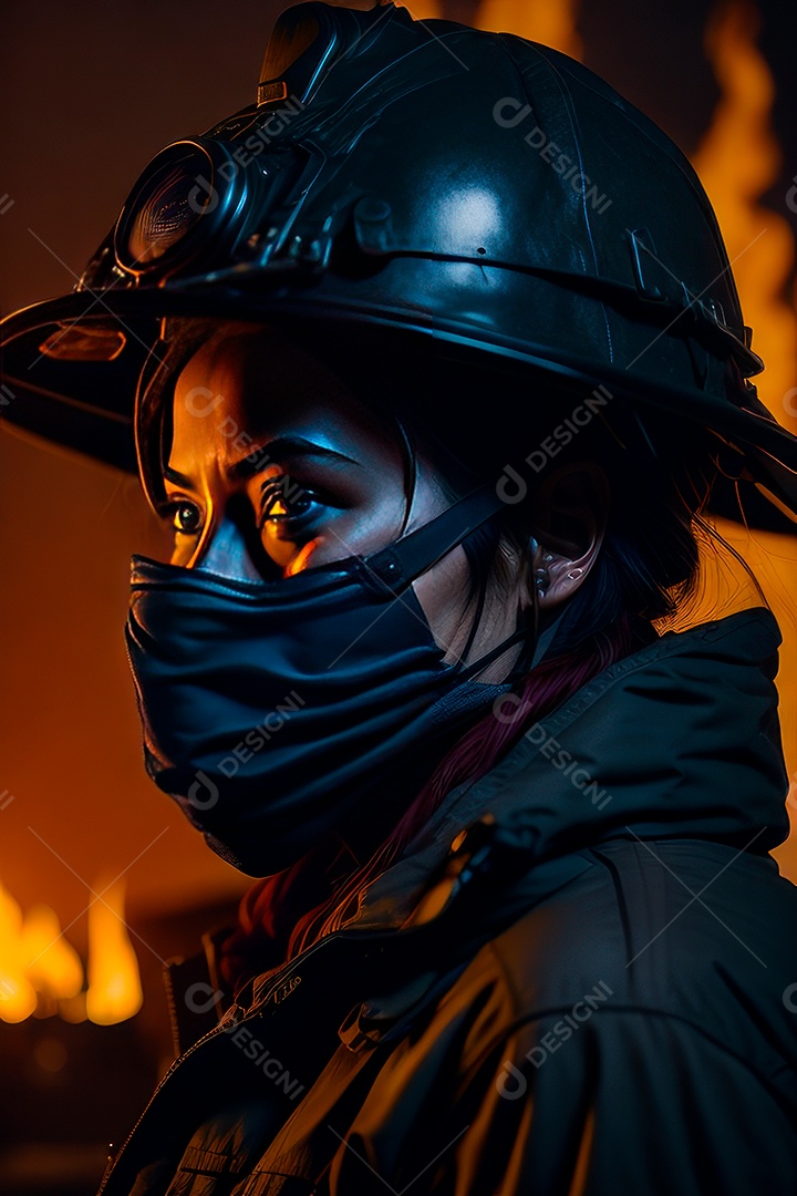 Mulher bombeira sobre fundo desfocado.