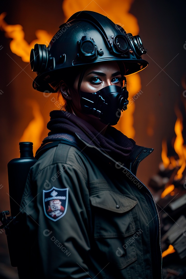 Mulher bombeira sobre fundo desfocado.