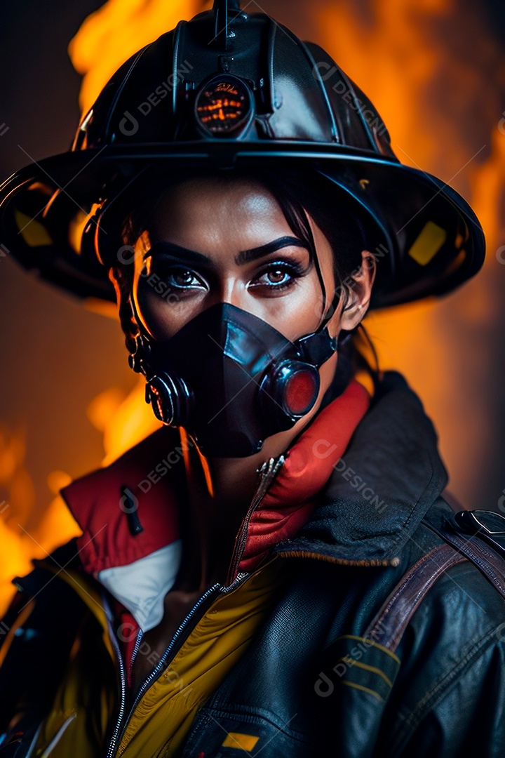 Mulher bombeira sobre fundo desfocado.