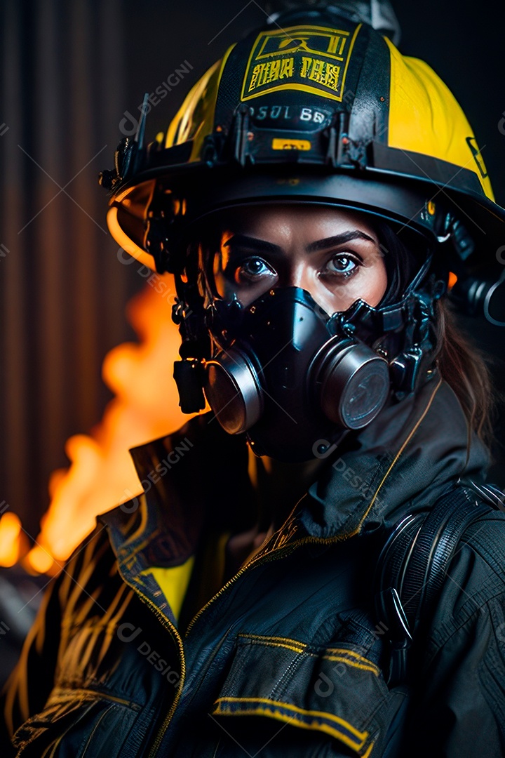 Mulher bombeira sobre fundo desfocado.