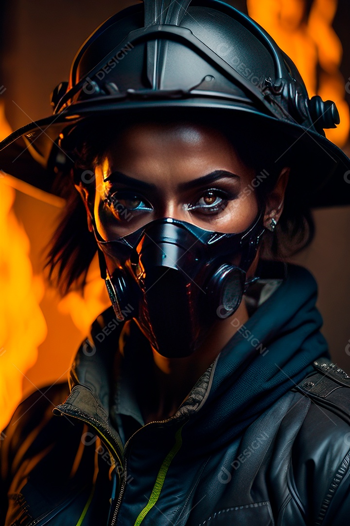 Mulher bombeira sobre fundo desfocado.