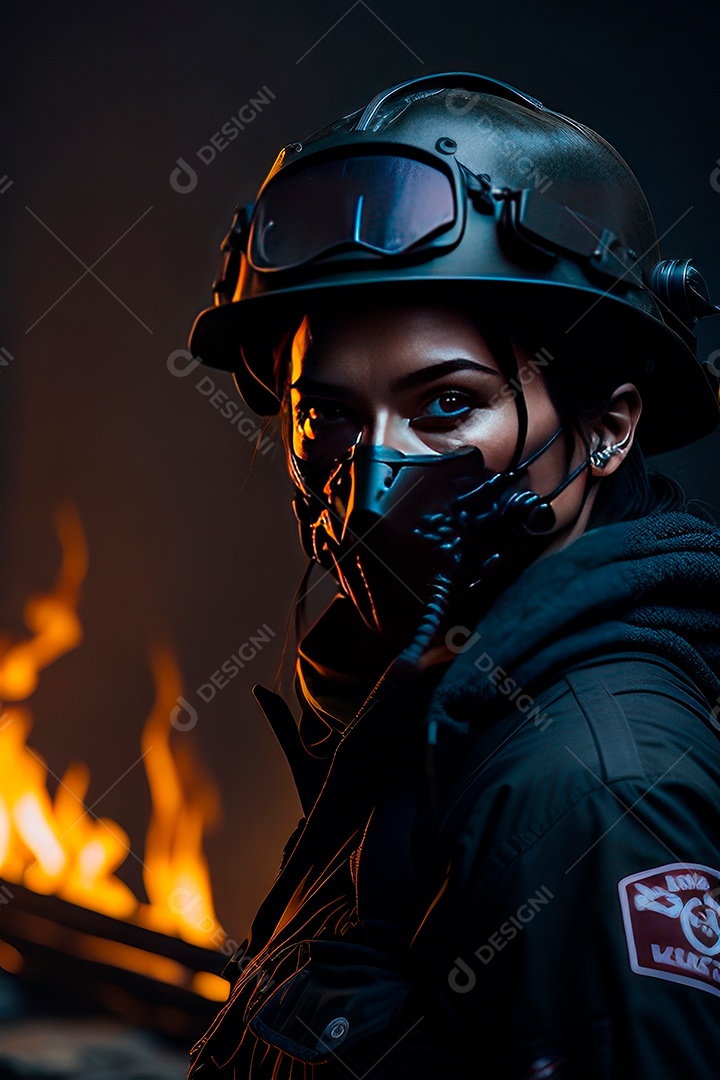 Mulher bombeira sobre fundo desfocado.