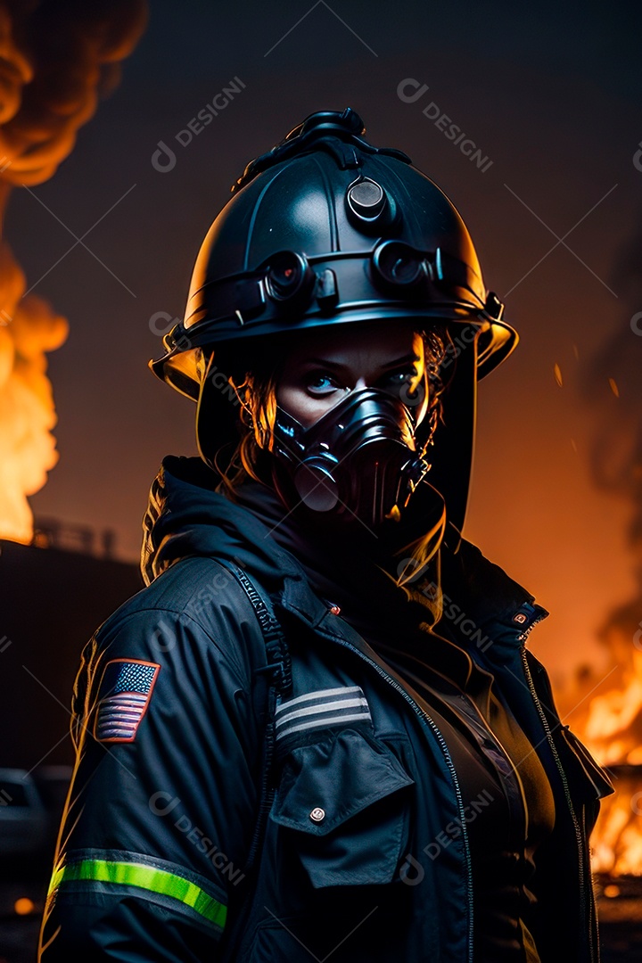 Mulher bombeira sobre fundo desfocado.