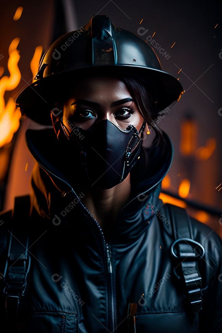 Mulher bombeira sobre fundo desfocado.