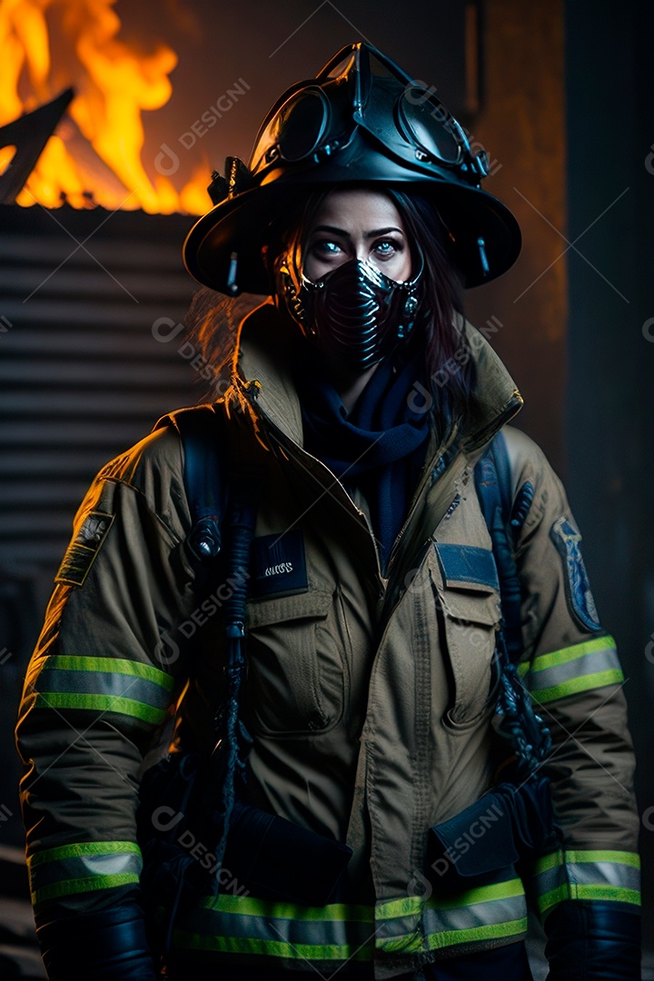 Mulher bombeira sobre fundo desfocado.