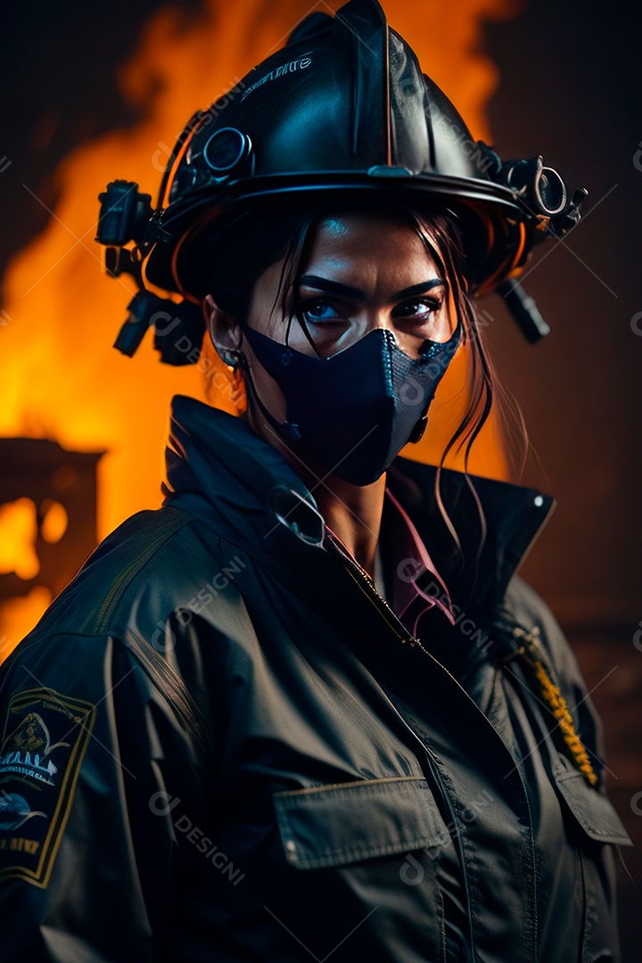 Mulher bombeira sobre fundo desfocado.