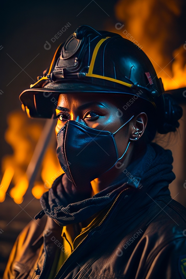 Firefighter woman on blurred background