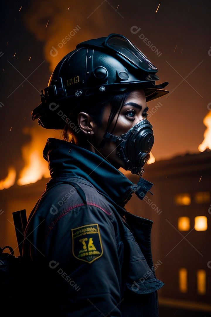 Mulher bombeira sobre fundo desfocado.