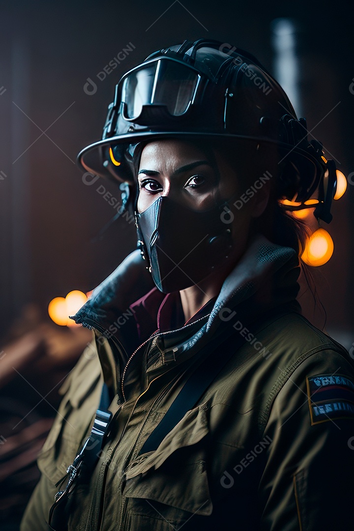 Mulher bombeira sobre fundo desfocado.