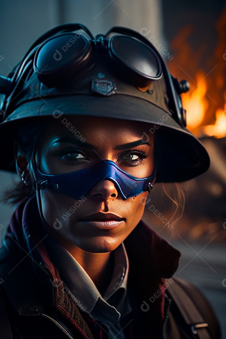 Mulher bombeira sobre fundo desfocado.