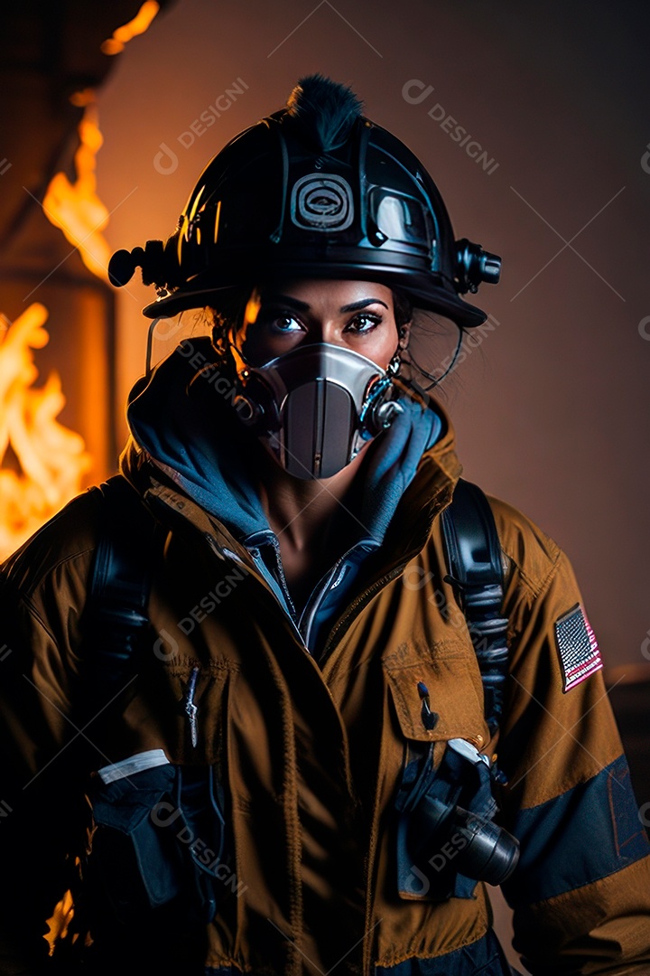 Mulher bombeira sobre fundo desfocado.