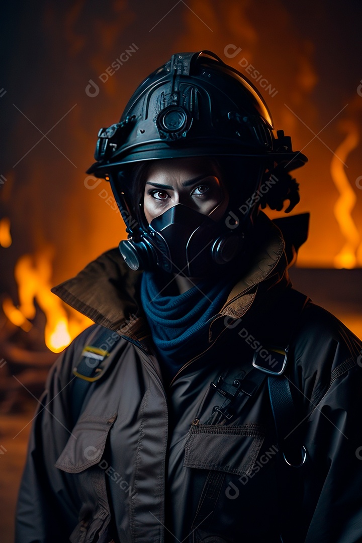 Mulher bombeira sobre fundo desfocado.