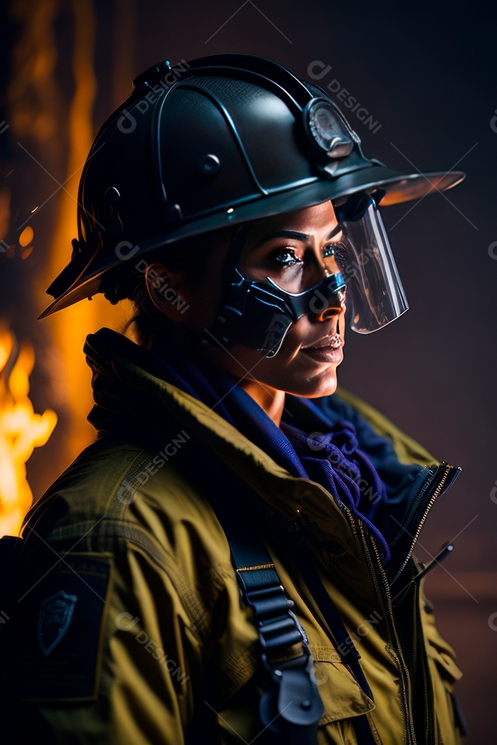 Mulher bombeira sobre fundo desfocado.