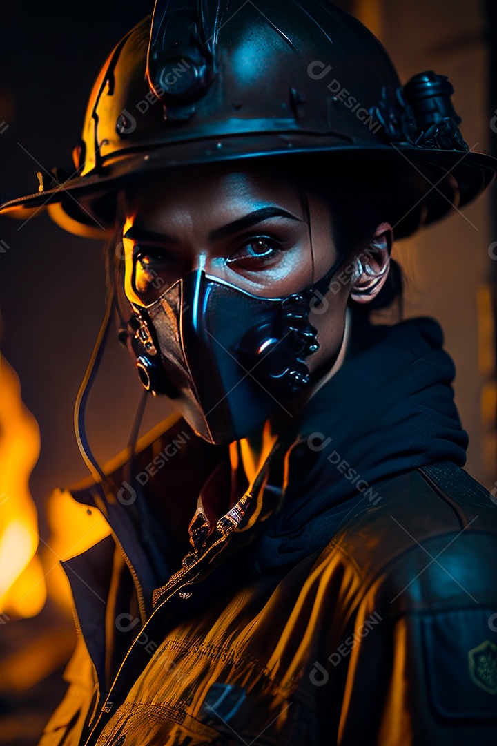 Firefighter woman on blurred background