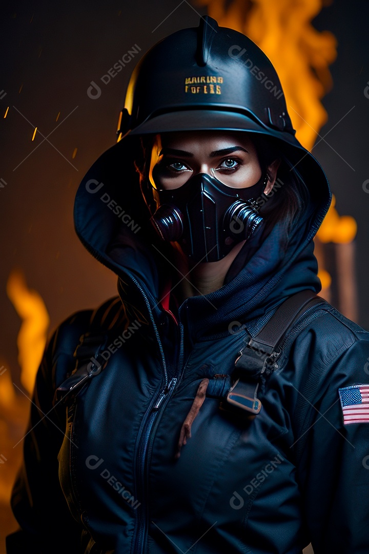 Mulher bombeira sobre fundo desfocado.