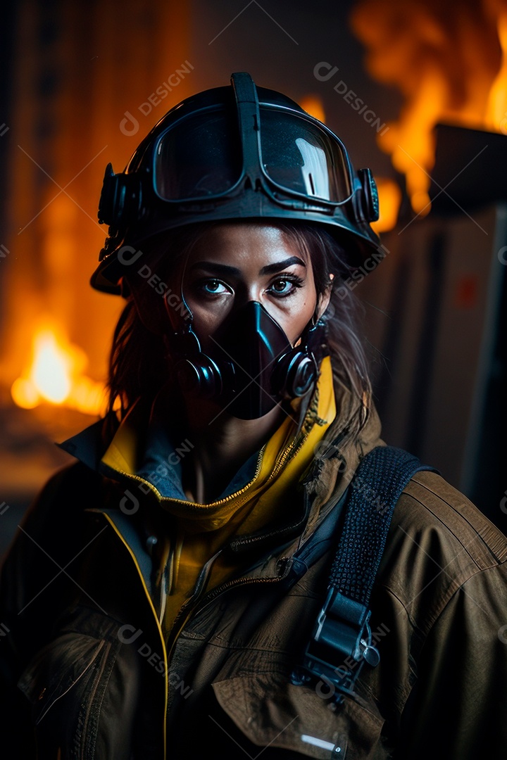 Mulher bombeira sobre fundo desfocado.