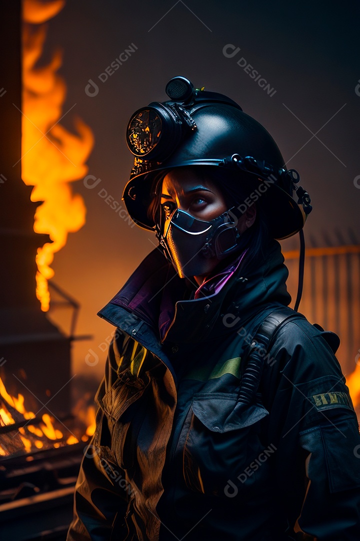 Mulher bombeira sobre fundo desfocado.