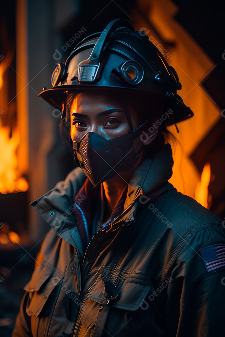 Mulher bombeira sobre fundo desfocado.