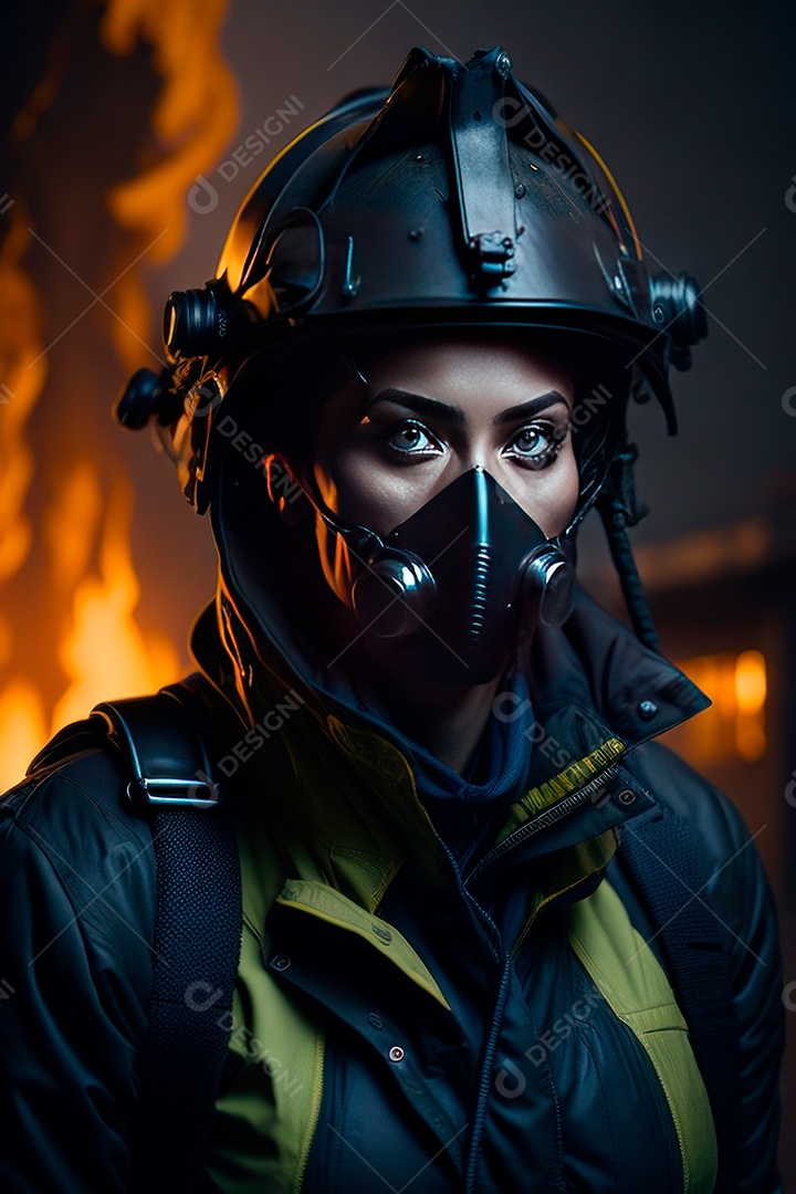 Mulher bombeira sobre fundo desfocado.