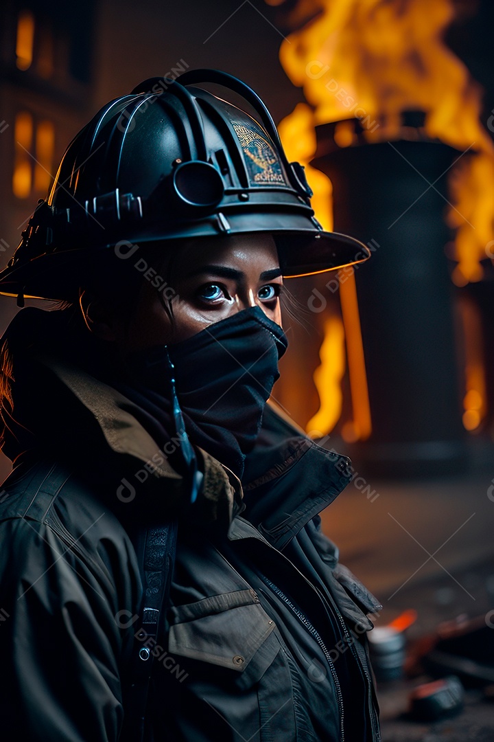 Mulher bombeira sobre fundo desfocado.