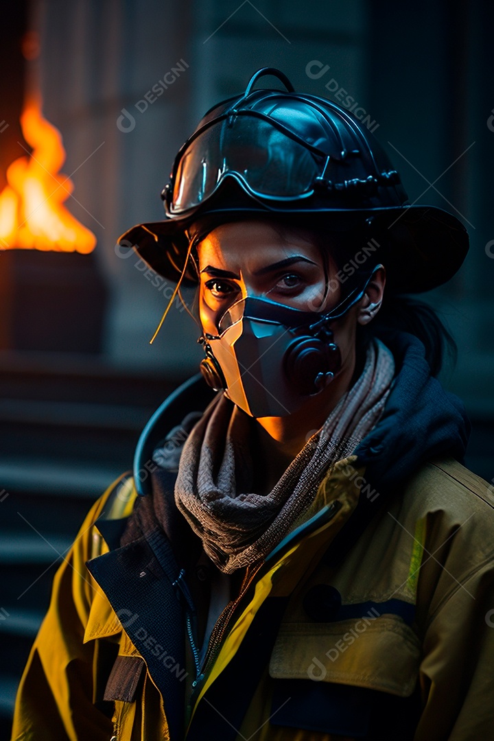 Mulher bombeira sobre fundo desfocado.