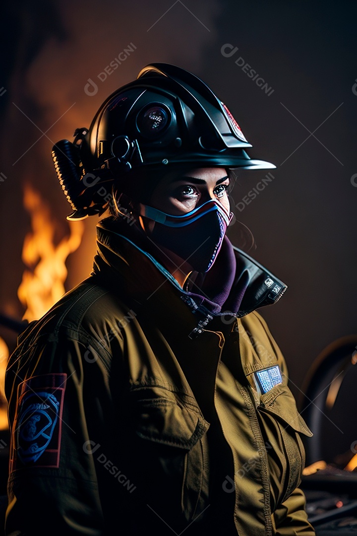 Mulher bombeira sobre fundo desfocado.