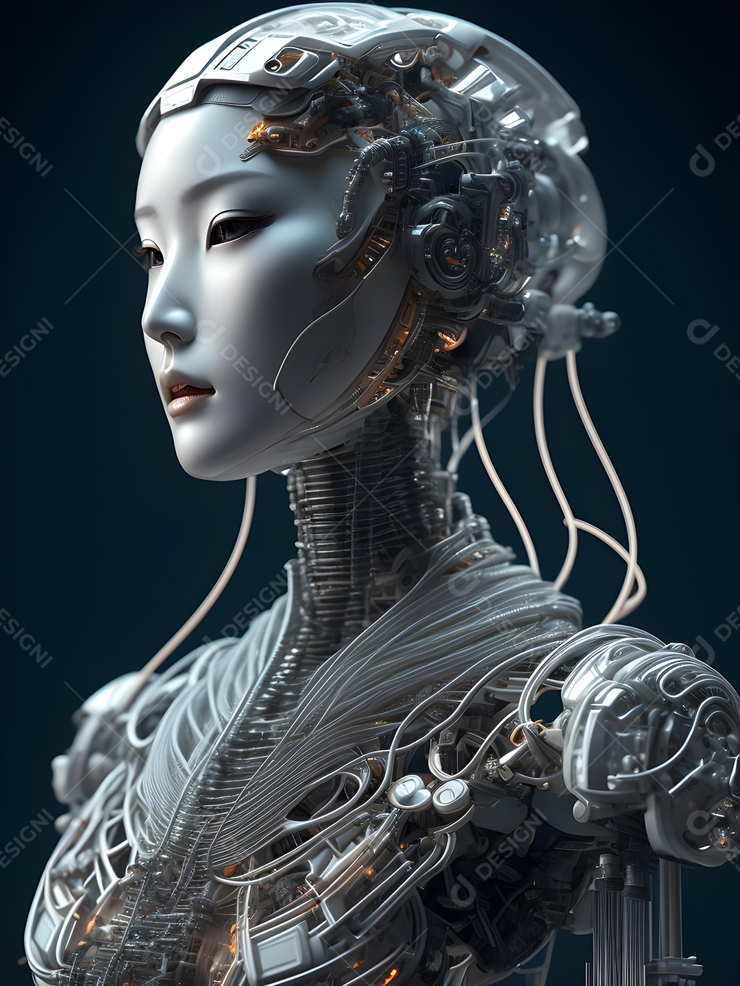 Meia cara do robô mecânico que parece, fios super detalhados e intrincados no futuro.