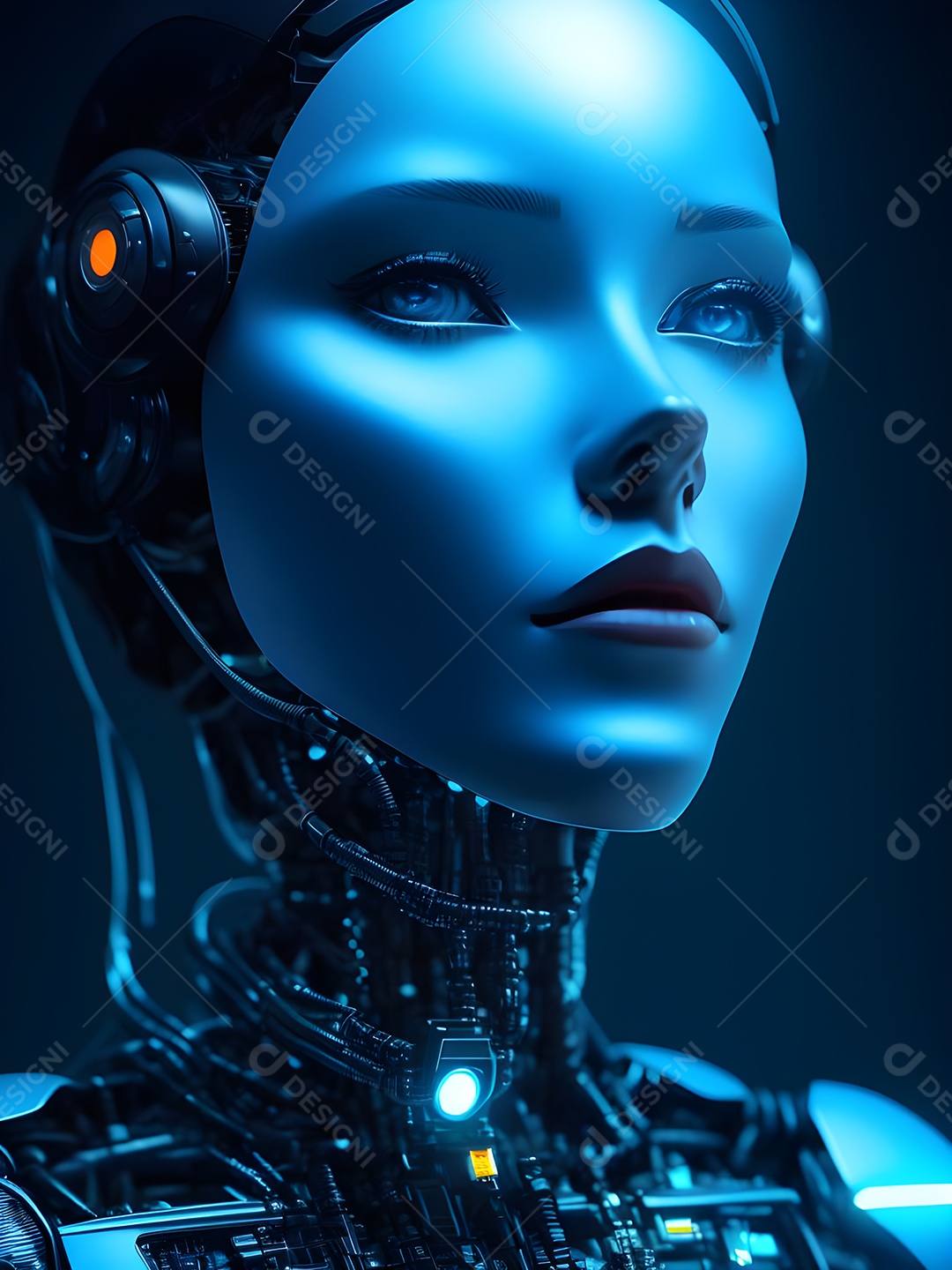 Meia cara do robô mecânico que parece, fios super detalhados e intrincados no futuro.