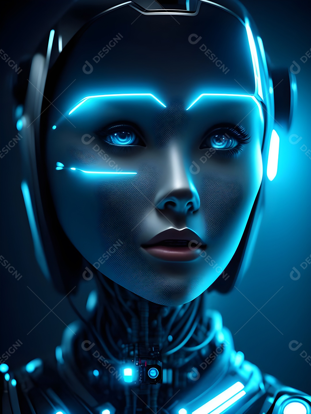 Meia cara do robô mecânico que parece, fios super detalhados e intrincados no futuro.