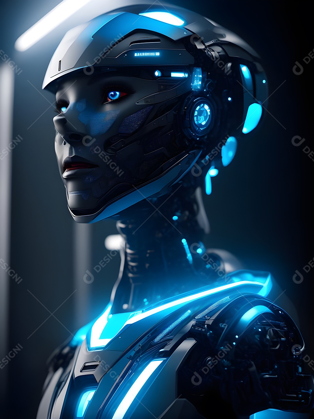 Meia cara do robô mecânico que parece, fios super detalhados e intrincados no futuro.