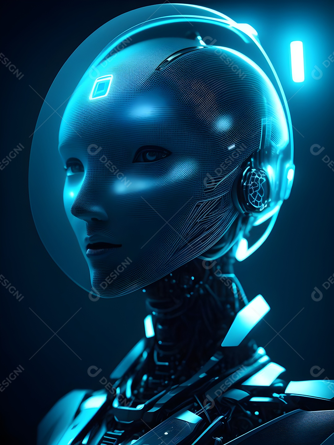 Meia cara do robô mecânico que parece, fios super detalhados e intrincados no futuro.