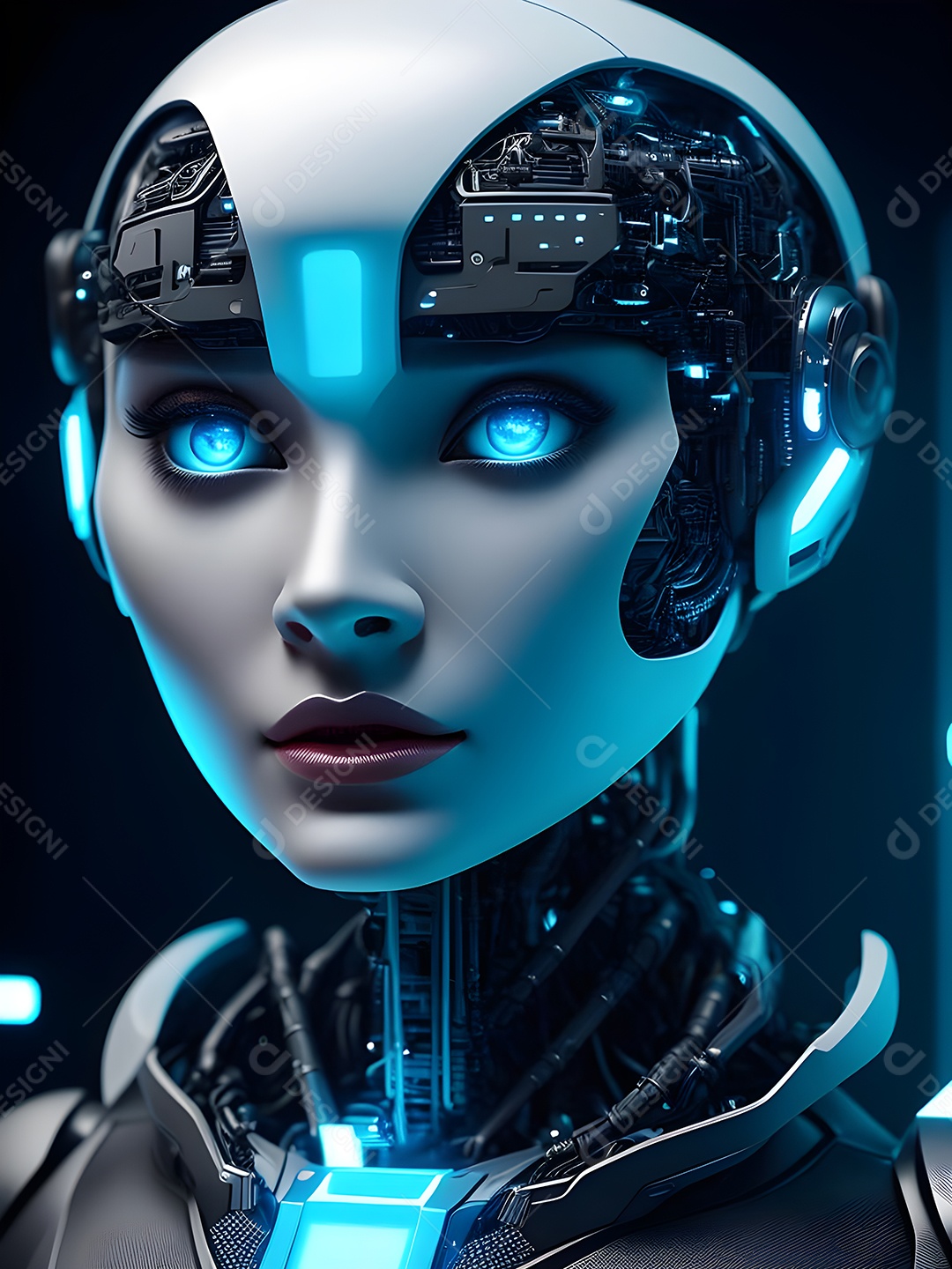 Meia cara do robô mecânico que parece, fios super detalhados e intrincados no futuro.