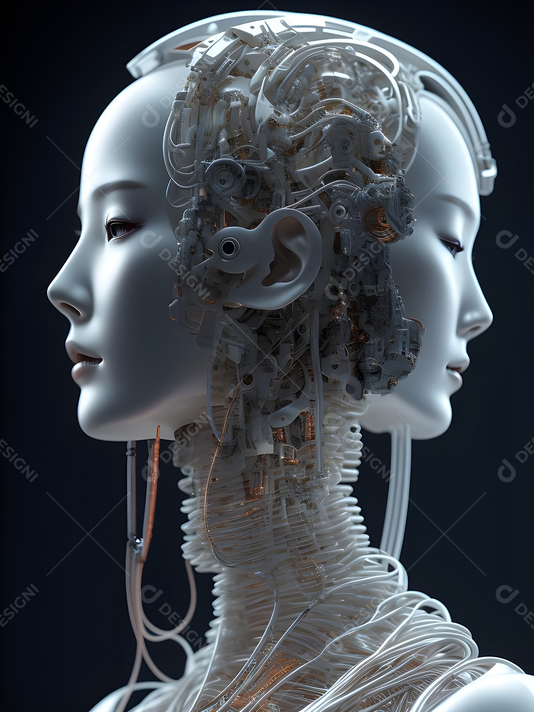 Meia cara do robô mecânico que parece, fios super detalhados e intrincados no futuro.