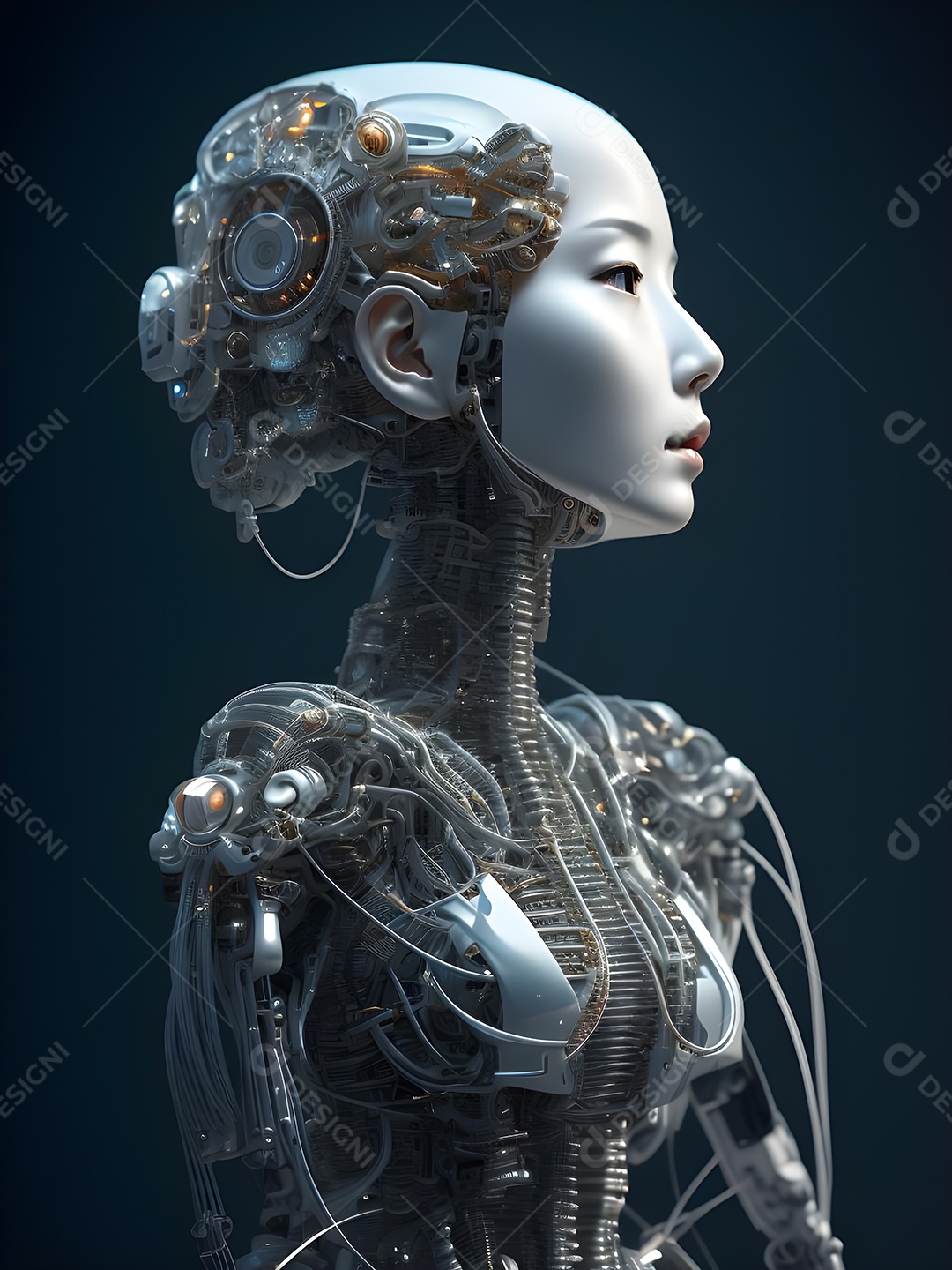 Meia cara do robô mecânico que parece, fios super detalhados e intrincados no futuro.