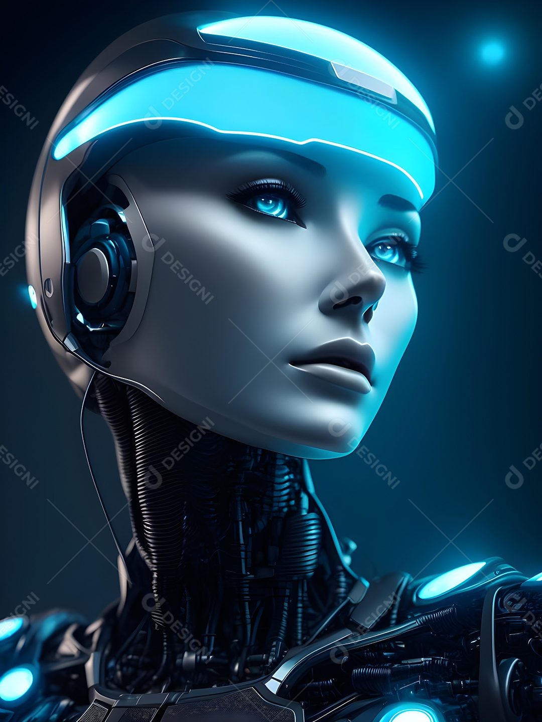 Meia cara do robô mecânico que parece, fios super detalhados e intrincados no futuro.