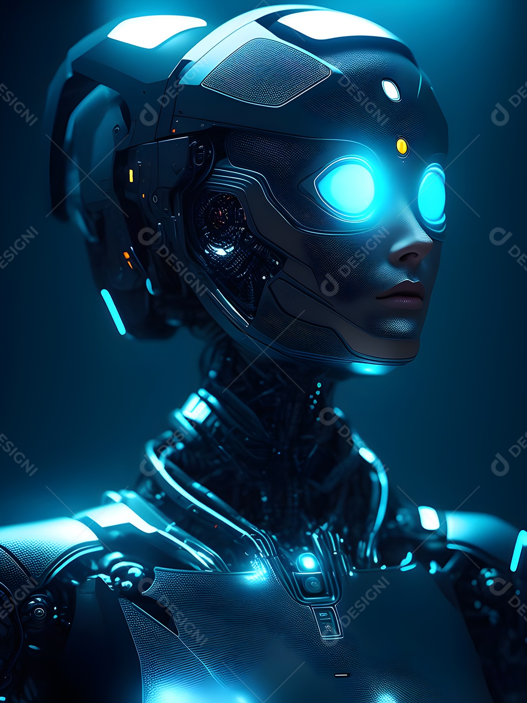 Meia cara do robô mecânico que parece, fios super detalhados e intrincados no futuro.