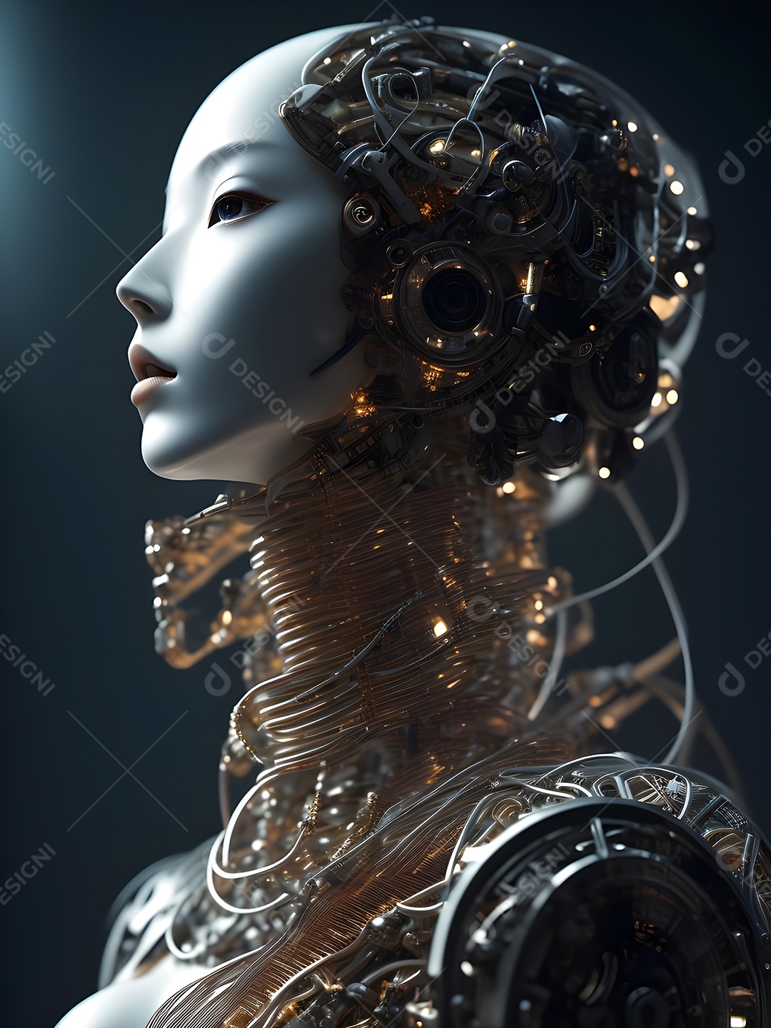 Meia cara do robô mecânico que parece, fios super detalhados e intrincados no futuro.