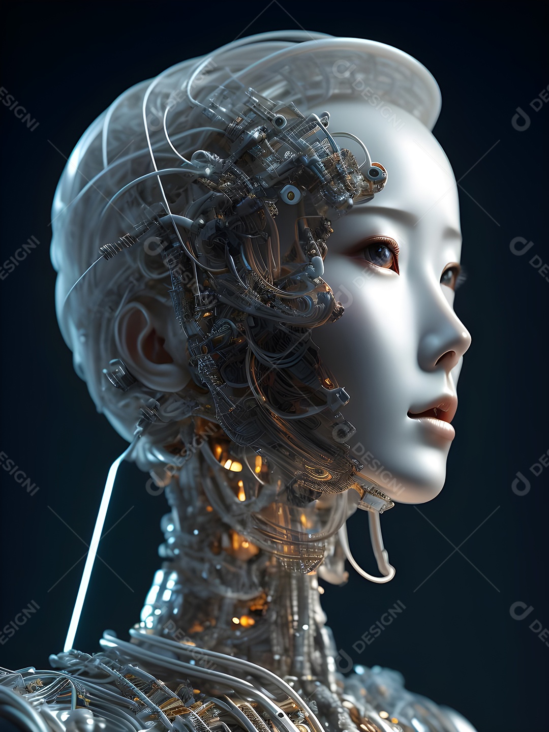 Meia cara do robô mecânico que parece, fios super detalhados e intrincados no futuro.