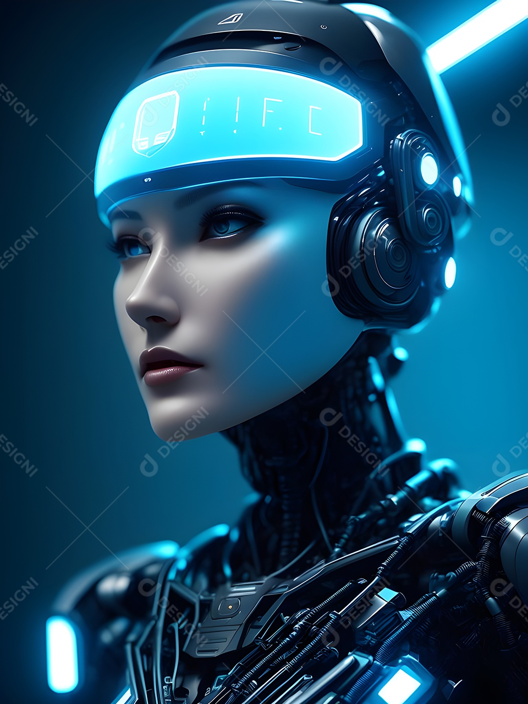 Meia cara do robô mecânico que parece, fios super detalhados e intrincados no futuro.